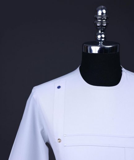 A White T shaped line with Swarovski buttons, leaf embroidery patch pocket, 3/4 sleeve African senator kaftan native.