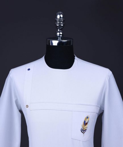 A White T shaped line with Swarovski buttons, leaf embroidery patch pocket, 3/4 sleeve African senator kaftan native.
