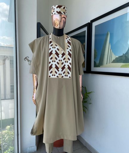 A Tortilla brown, layered tettri pattern embroidery detailing agbada