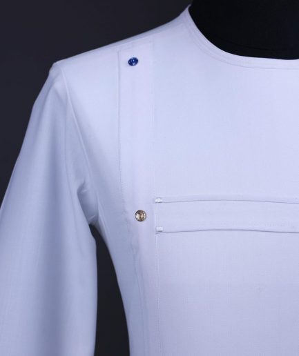 A White T shaped line with Swarovski buttons, leaf embroidery patch pocket, 3/4 sleeve African senator kaftan native.