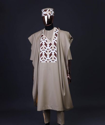 A Tortilla brown, layered tettri pattern embroidery detailing agbada