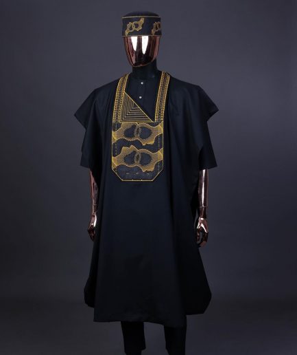 A Charcoal Black, Connected Medulla And Wooven Pattern Embroidery Agbada