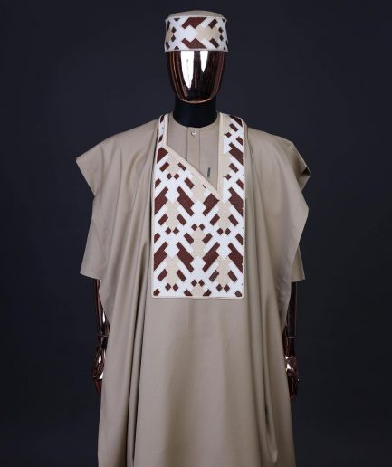 A Tortilla brown, layered tettri pattern embroidery detailing agbada