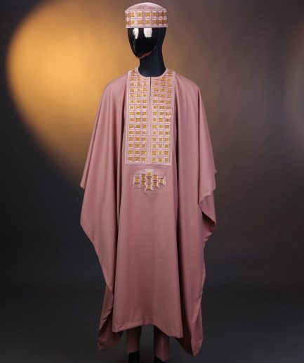 A Mauve, connected square embroidery design with matching gold Swarovski stone details agbada