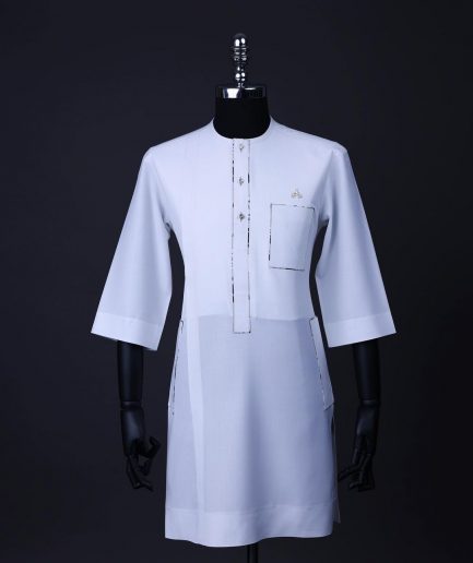 A White, paisley details, front flap with Swarovski buttons, patch pocket, 3/4 sleeve African senator kaftan native.