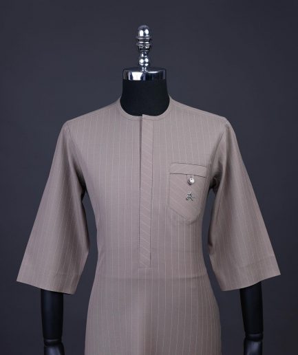 A pencil stripe, Brown, Front flap, combat patch pocket, 3/4 sleeve details African senator kaftan native.