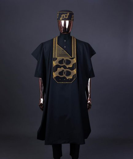 A Charcoal Black, Connected Medulla And Wooven Pattern Embroidery Agbada