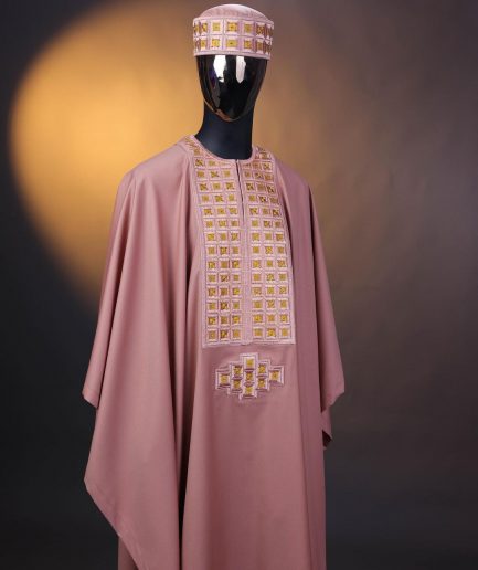 A Mauve, connected square embroidery design with matching gold Swarovski stone details agbada