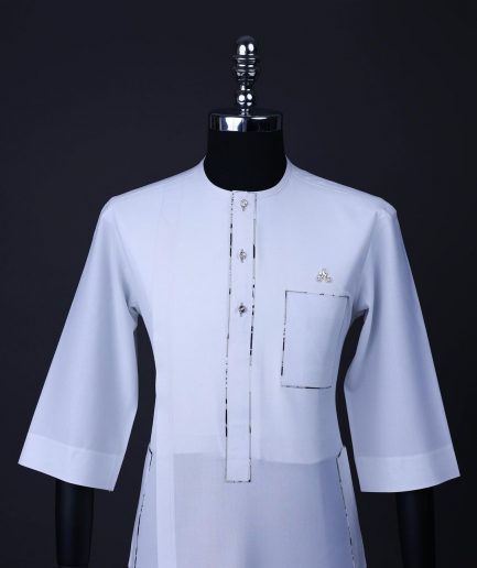 A White, paisley details, front flap with Swarovski buttons, patch pocket, 3/4 sleeve African senator kaftan native.