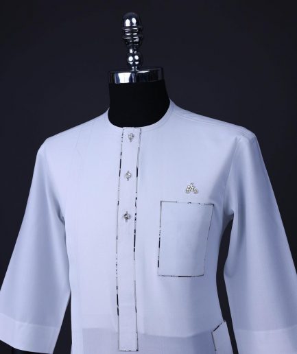 A White, paisley details, front flap with Swarovski buttons, patch pocket, 3/4 sleeve African senator kaftan native.