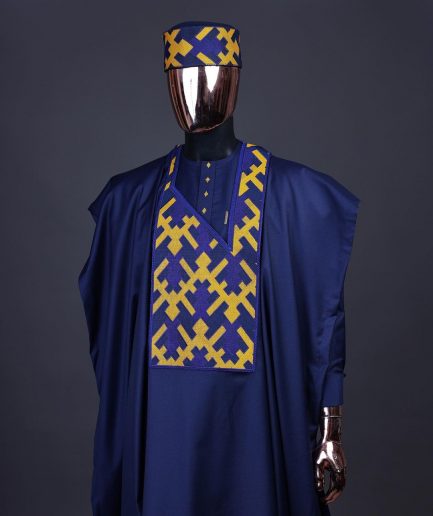 A Navy Blue, Layered Tettri Pattern Embroidery Detailing Agbada