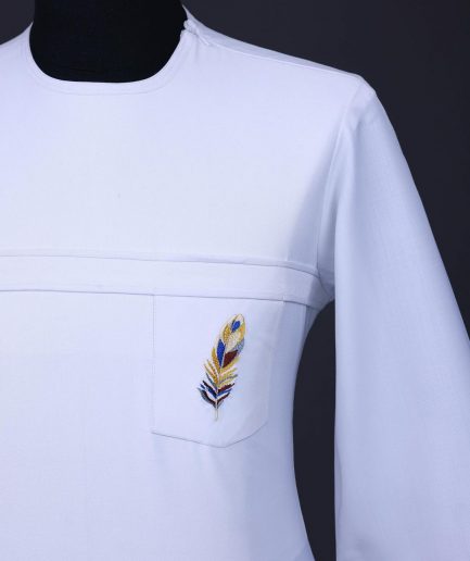 A White T shaped line with Swarovski buttons, leaf embroidery patch pocket, 3/4 sleeve African senator kaftan native.