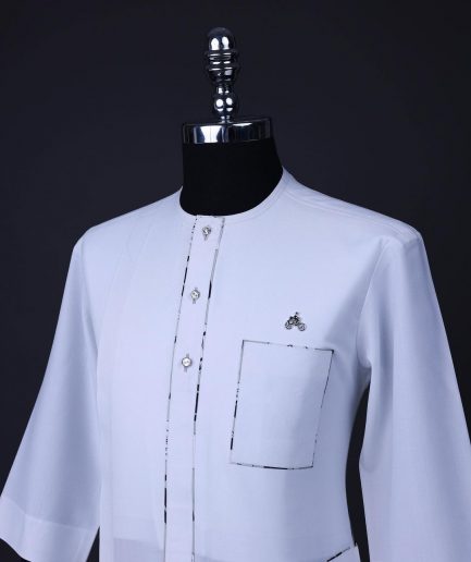 A White, paisley details, front flap with Swarovski buttons, patch pocket, 3/4 sleeve African senator kaftan native.