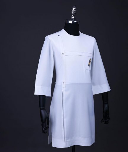 A White T shaped line with Swarovski buttons, leaf embroidery patch pocket, 3/4 sleeve African senator kaftan native.
