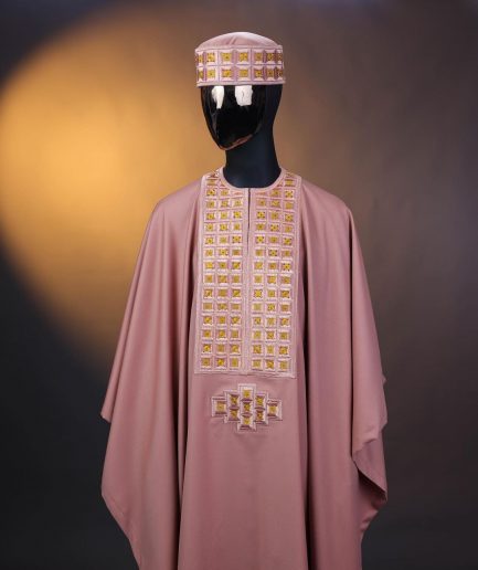 A Mauve, connected square embroidery design with matching gold Swarovski stone details agbada