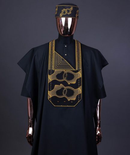 A Charcoal Black, Connected Medulla And Wooven Pattern Embroidery Agbada