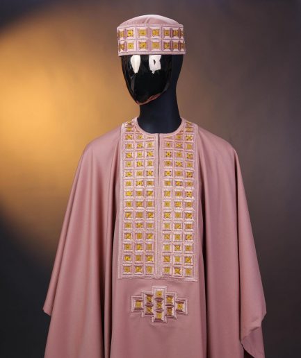 A Mauve, connected square embroidery design with matching gold Swarovski stone details agbada