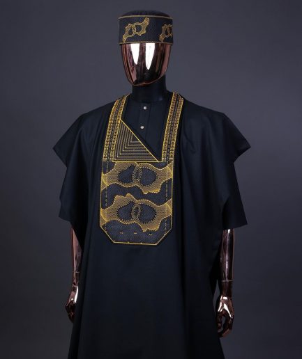 A Charcoal Black, Connected Medulla And Wooven Pattern Embroidery Agbada