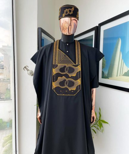 A Charcoal Black, Connected Medulla And Wooven Pattern Embroidery Agbada
