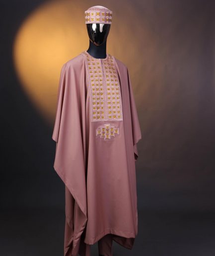 A Mauve, connected square embroidery design with matching gold Swarovski stone details agbada