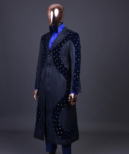 A “Prodigal” lashed midnight blue, admiral blue and splashed black metallic jacquard trench suit