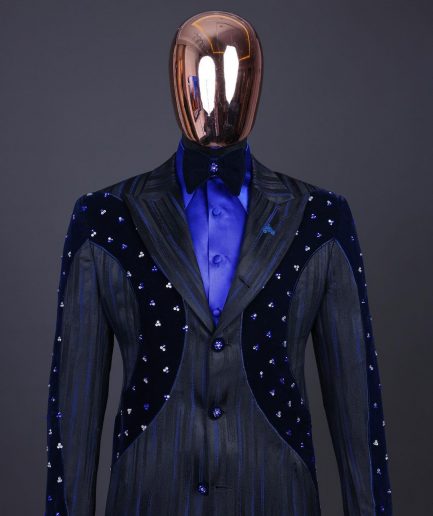 A “Prodigal” lashed midnight blue, admiral blue and splashed black metallic jacquard trench suit