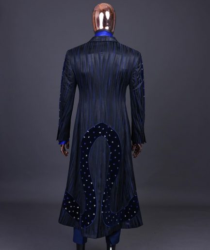 A “Prodigal” lashed midnight blue, admiral blue and splashed black metallic jacquard trench suit