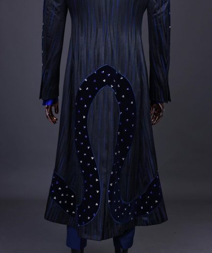 A “Prodigal” lashed midnight blue, admiral blue and splashed black metallic jacquard trench suit
