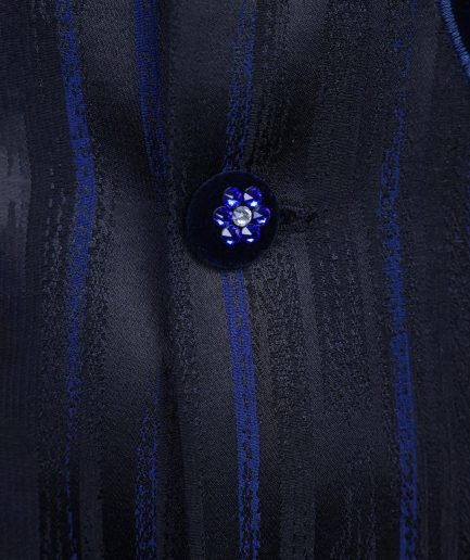 A “Prodigal” lashed midnight blue, admiral blue and splashed black metallic jacquard trench suit