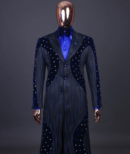 A “Prodigal” lashed midnight blue, admiral blue and splashed black metallic jacquard trench suit