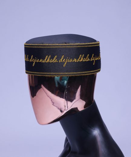 A Charcoal black, gold scritto pattered embroidery hat