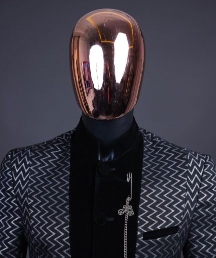 A “Zig Zag” Charcoal Black and Silver, Layered Inverted Pattern Safari Suit