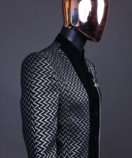 A “Zig Zag” Charcoal Black and Silver, Layered Inverted Pattern Safari Suit
