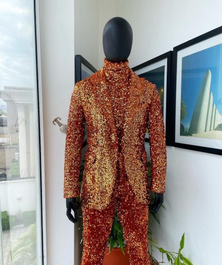 The “Young and Restless” fire orange peak lapel sequin suit.