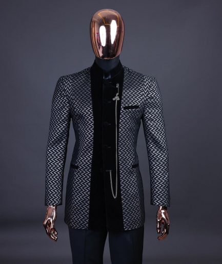 A “Zig Zag” Charcoal Black and Silver, Layered Inverted Pattern Safari Suit