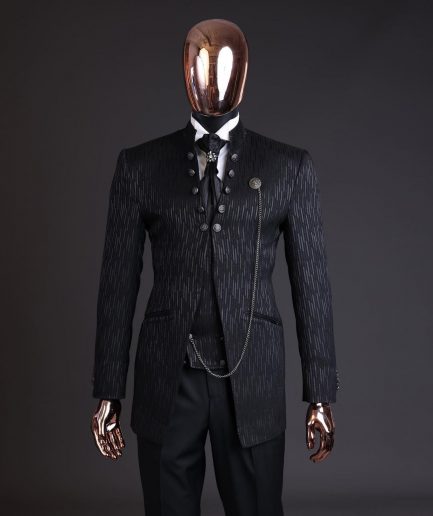 The “Ever After” charcoal black, half front cut, rectangle dropping pattern jacquard suit.