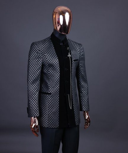 A “Zig Zag” Charcoal Black and Silver, Layered Inverted Pattern Safari Suit