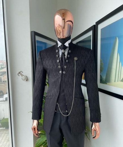 The “Ever After” charcoal black, half front cut, rectangle dropping pattern jacquard suit.