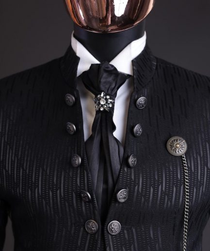 The “Ever After” charcoal black, half front cut, rectangle dropping pattern jacquard suit.