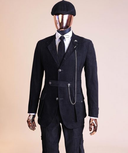 A “Combat” charcoal black corduroy, 3 button safari suit, combat pant trouser & Hat