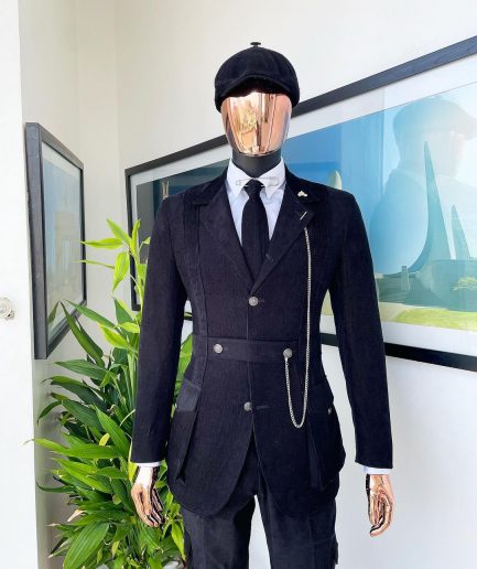 A “Combat” charcoal black corduroy, 3 button safari suit, combat pant trouser & Hat