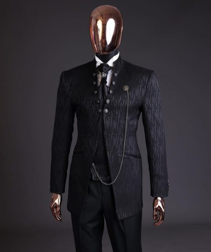 The “Ever After” charcoal black, half front cut, rectangle dropping pattern jacquard suit.