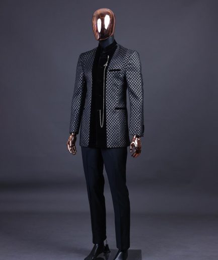 A “Zig Zag” Charcoal Black and Silver, Layered Inverted Pattern Safari Suit