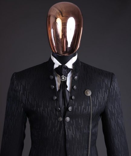 The “Ever After” charcoal black, half front cut, rectangle dropping pattern jacquard suit.