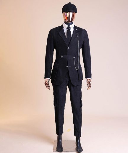 A “Combat” charcoal black corduroy, 3 button safari suit, combat pant trouser & Hat