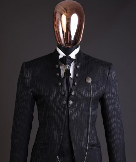 The “Ever After” charcoal black, half front cut, rectangle dropping pattern jacquard suit.