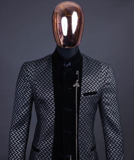A “Zig Zag” Charcoal Black and Silver, Layered Inverted Pattern Safari Suit