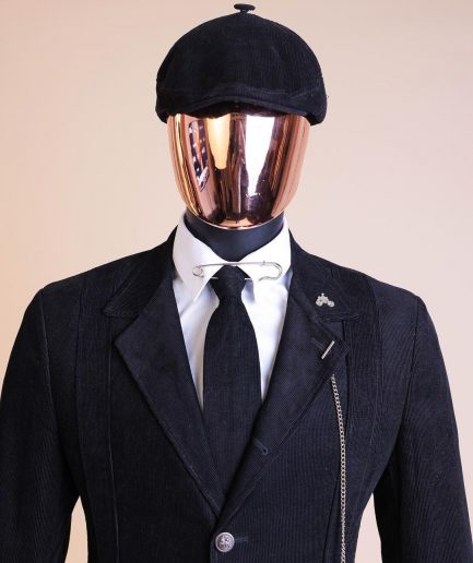 A “Combat” charcoal black corduroy, 3 button safari suit, combat pant trouser & Hat