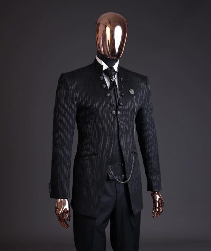 The “Ever After” charcoal black, half front cut, rectangle dropping pattern jacquard suit.