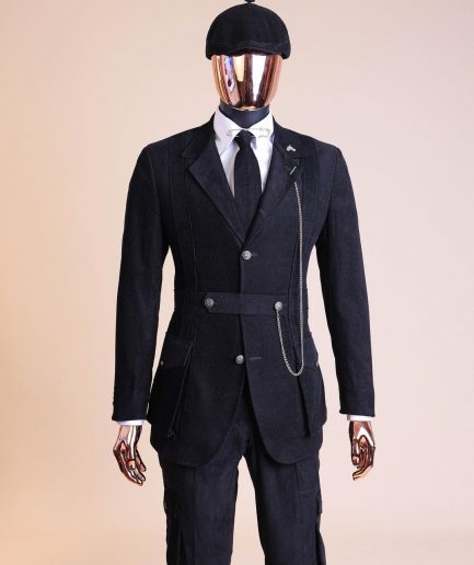 A “Combat” charcoal black corduroy, 3 button safari suit, combat pant trouser & Hat